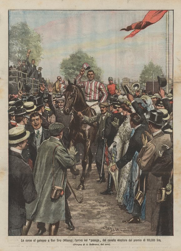 A San Siro-i (Milánó) galopp versenyek, a 100 000 líra díjat nyert ló érkezése alkotó: Achille Beltrame