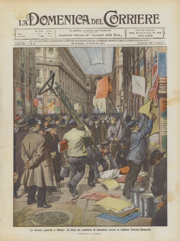 Az általános választások Milánóban, a múlt vasárnapi plakátharc a Galleria Vittorio Emanuele-ben alkotó: Achille Beltrame