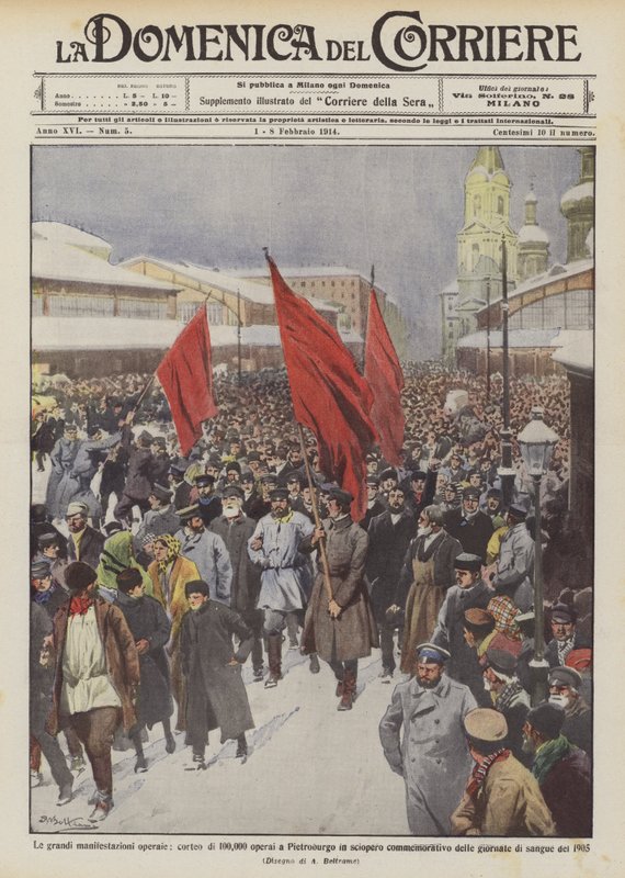 A nagy munkástüntetések, 100 000 munkás felvonulása Szentpéterváron egy emlékünnepségen? alkotó: Achille Beltrame