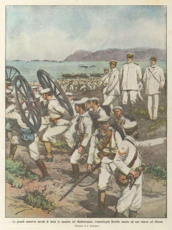 Az egész mediterrán csapat nagyszerű haditengerészeti manőverein Bettolo admirális részt vesz? alkotó: Achille Beltrame