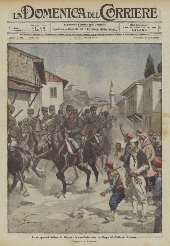 Az olasz megszállások Albániában, a lovasság behatol Giorgucatiba (Drynos-völgy) alkotó: Achille Beltrame
