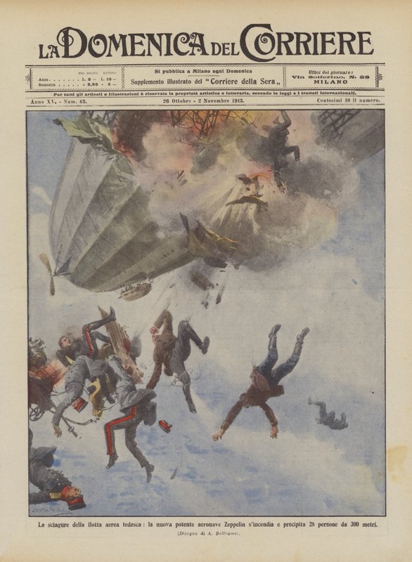 A német légiflotta szerencsétlenségei, az új erős Zeppelin léghajó szinkronja és lezuhanása? alkotó: Achille Beltrame