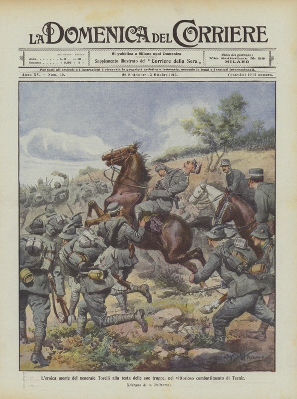 Torelli tábornok hősi halála csapatai élén, a győztes tecnizi csatában alkotó: Achille Beltrame