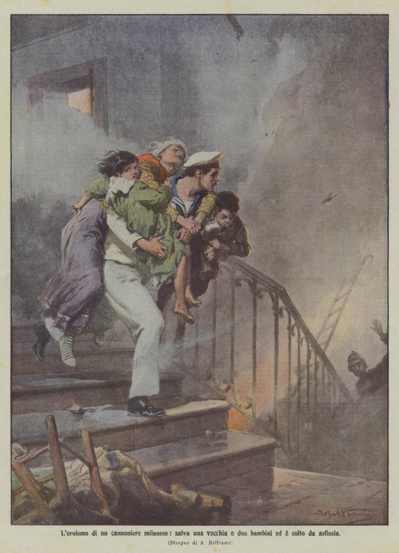 Egy milánói tüzér hősiessége, megment egy idős asszonyt és két gyereket, és fulladás fog el alkotó: Achille Beltrame