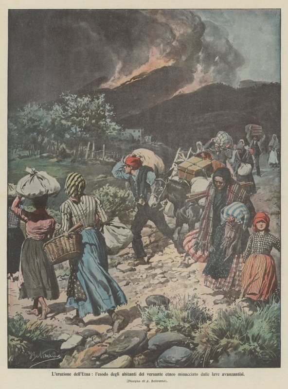 Az Etna kitörése, az Etna oldal lakóinak útja, amelyet az előrenyomuló lávák fenyegetnek alkotó: Achille Beltrame