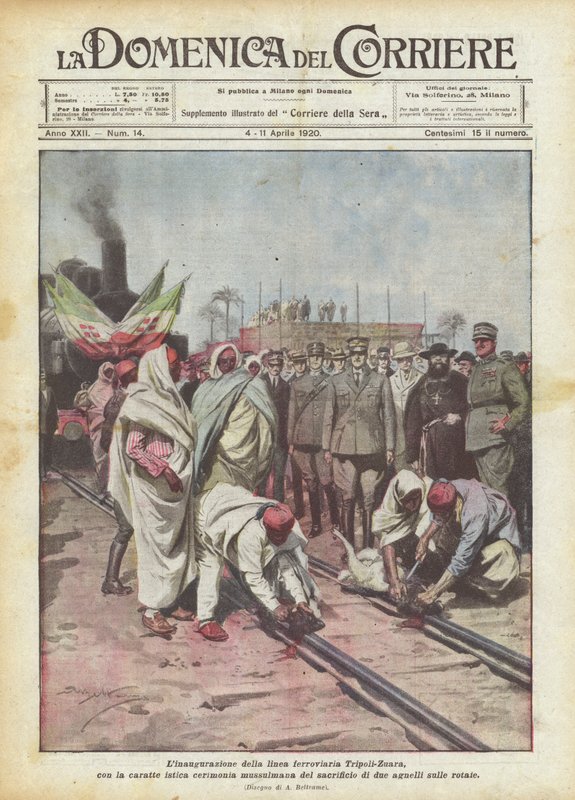 A Tripoli-Zuara vasútvonal felavatása, a jellegzetes muszlim szertartással? alkotó: Achille Beltrame