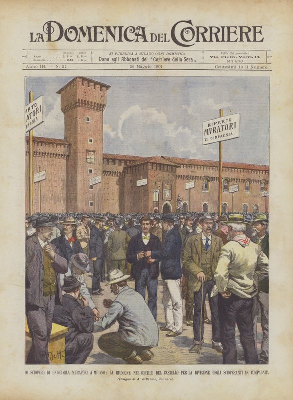Tizenegyezer szabadkőműves sztrájkja Milánóban, a hadosztály találkozója a kastély udvarán? alkotó: Achille Beltrame