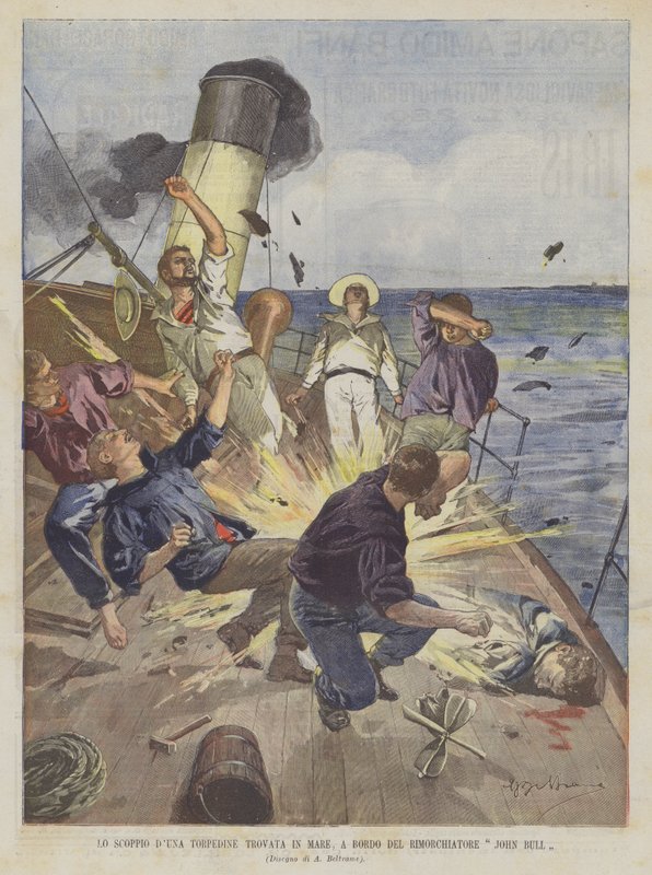 A Scoppio DUna torpedót a tengeren találták, a John Bull vontatóhajó fedélzetén alkotó: Achille Beltrame