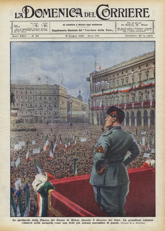 A milánói Piazza del Duomo látványossága Duce beszéde közben alkotó: Achille Beltrame
