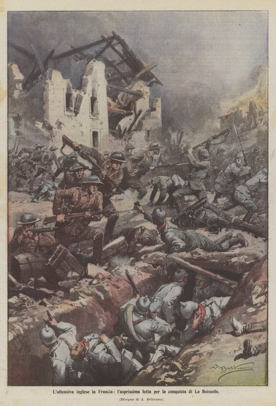 A brit offenzíva Franciaországban, a legelső harc La Boisselle meghódításáért alkotó: Achille Beltrame