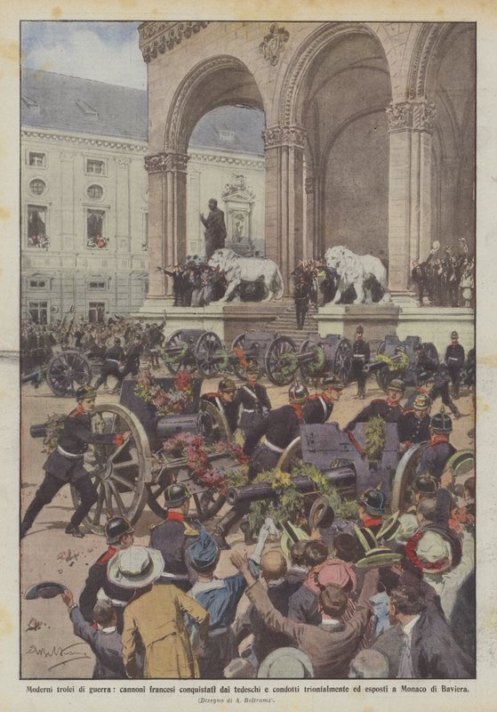 Modern háborús trófeák, a németek által meghódított és diadalmasan kivitt francia fegyverek? alkotó: Achille Beltrame