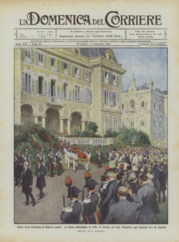 A genovai hercegnő édesanyja halála, a test elhagyja a Maggiore-tó melletti Stresa villát? alkotó: Achille Beltrame