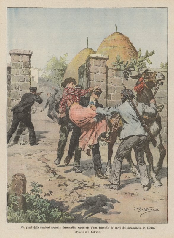 A lelkes szenvedélyek országaiban, drámai lányrablás a szerető által, Szicíliában alkotó: Achille Beltrame