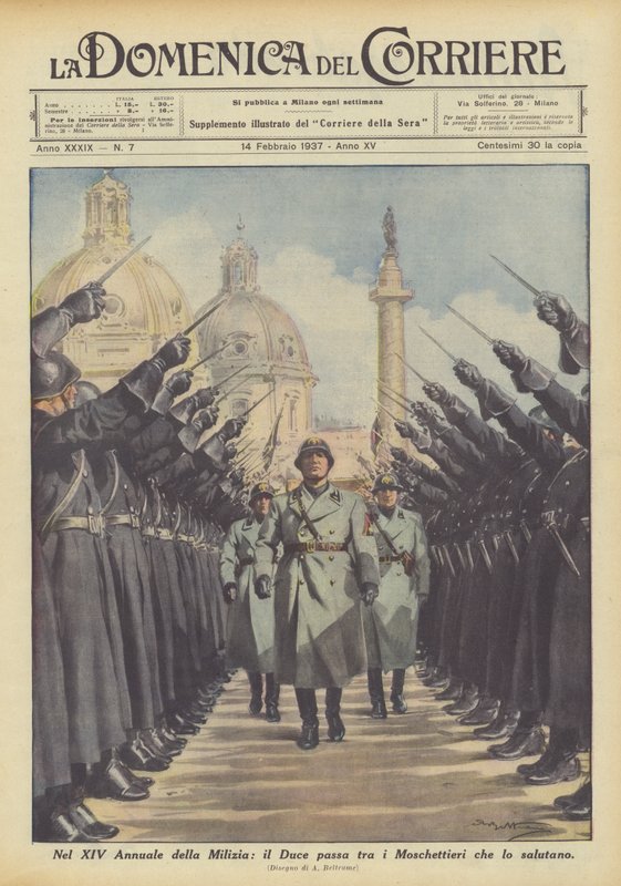 A Milícia XIV. Évkönyvében a Duce az őt köszöntő testőrök között halad alkotó: Achille Beltrame