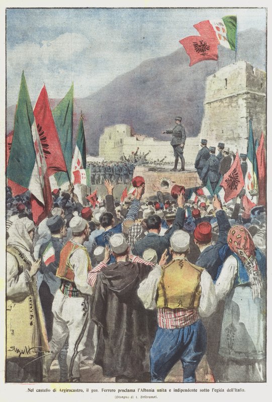 Gjirokastra várában Ferrero tábornok Albániát egyesültnek és függetlennek nyilvánította az olasz törvények értelmében alkotó: Achille Beltrame
