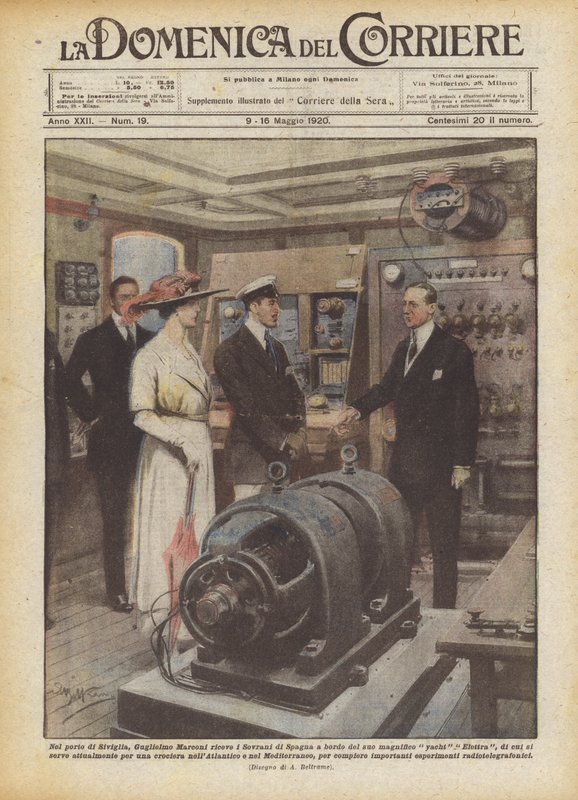 Sevilla kikötőjében Guglielmo Marconi Spanyolország uralkodóit fogadja csodálatos? alkotó: Achille Beltrame