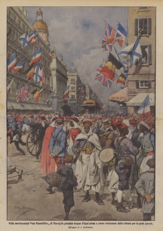 A nyüzsgő marseille-i rue Canebiere-en csapatok, álmok, fegyverek és színek vonulnak át, amelyeket a? alkotó: Achille Beltrame