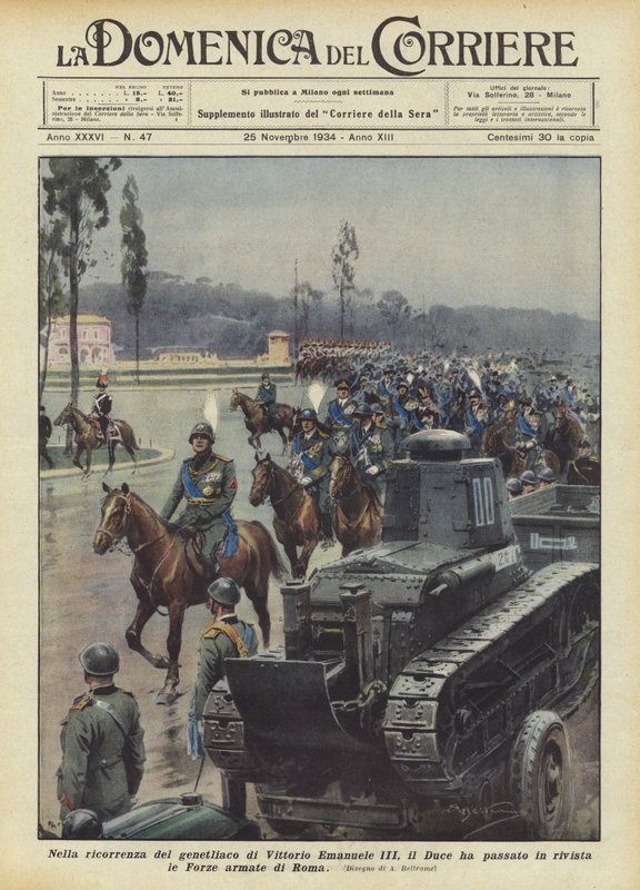 Vittorio Emanuele III születésnapjának évfordulóján a Duce áttekintette a római fegyveres erőket alkotó: Achille Beltrame
