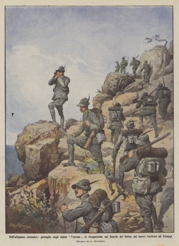 A cirénai fennsíkon a Vestone Alpini felderítő járőrei a Derna szárnyain a? alkotó: Achille Beltrame