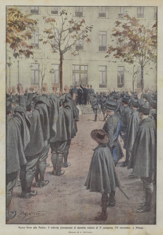 Új erők a hazának, kétezer 3. kategóriás újonc ünnepélyes esküje november 11-én Milánóban alkotó: Achille Beltrame
