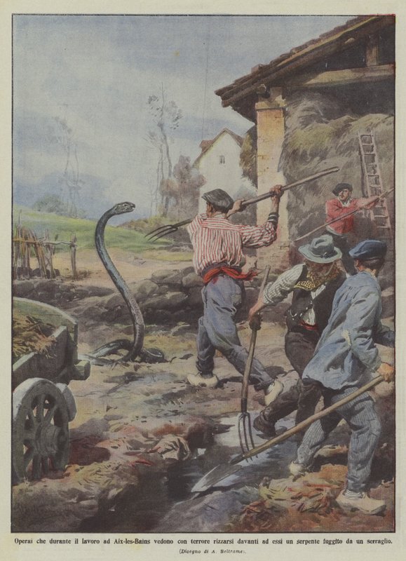 Munkások, akik Aix-les-Bains-ben dolgozva rémülten látják, hogy felállnak maguk elé? alkotó: Achille Beltrame