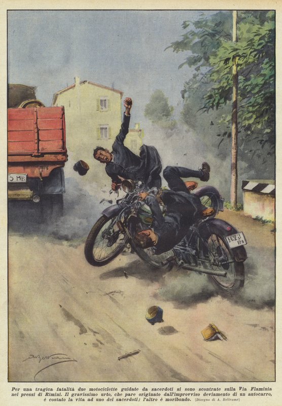 Tragikus sorsra két papok által vezetett motorkerékpár ütközött az Úton? alkotó: Achille Beltrame