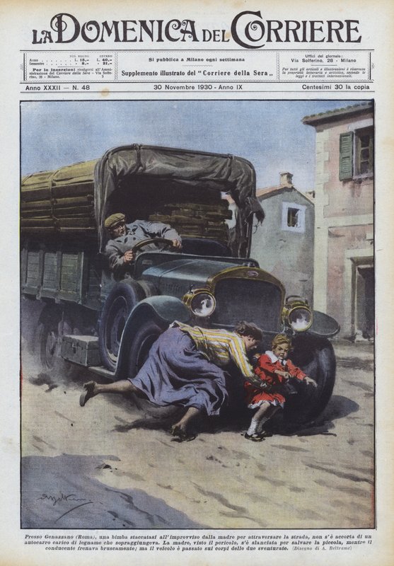 Genazzano (Róma) közelében egy kislány hirtelen elvált az anyjától, hogy átkeljen? alkotó: Achille Beltrame