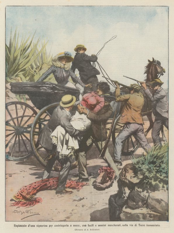 Egy fiatal hölgy elrablása, hogy férjhez kényszerítsék, fegyverrel és álarcos férfiakkal a Via di Torre Annunziatán alkotó: Achille Beltrame