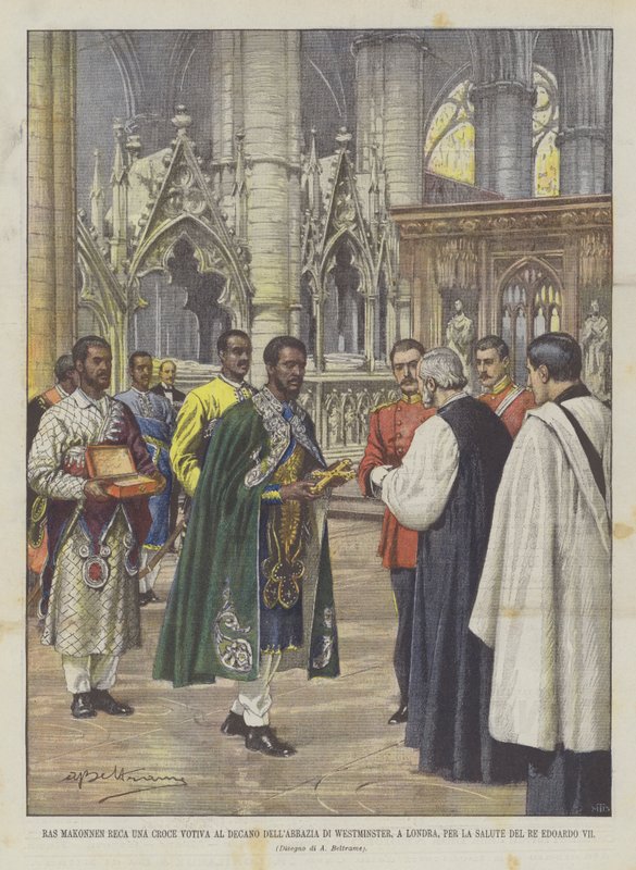 Fogadalmi keresztet hoz-e Ras Makonnen a londoni Westminster Abbey dékánjának az egészségért? alkotó: Achille Beltrame