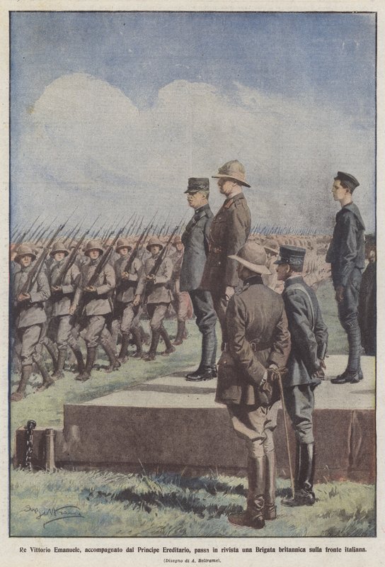 Vittorio Emanuele király a koronaherceg kíséretében felülvizsgál egy brigádot? alkotó: Achille Beltrame