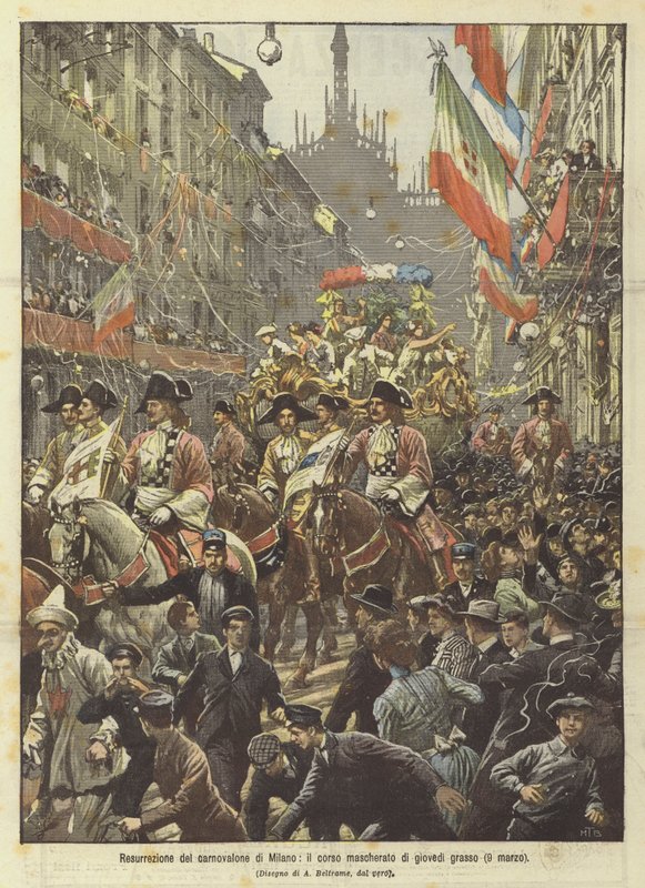A milánói karnovalon feltámadása, a húshagyócsütörtök álarcos pályája (március 9.) alkotó: Achille Beltrame