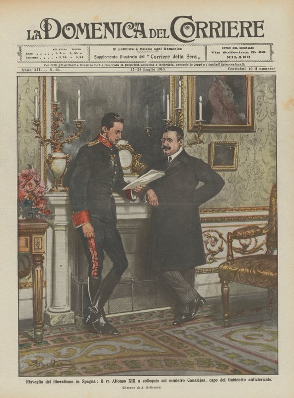 A liberalizmus ébredése Spanyolországban, XIII. Alfonz király beszélgetésben Canalejas miniszterrel? alkotó: Achille Beltrame