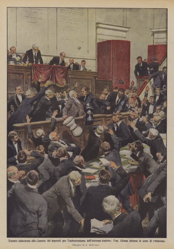 Tisztességtelen jelenetek a képviselőházban a szélsőbal akadályozásáért, lon? alkotó: Achille Beltrame
