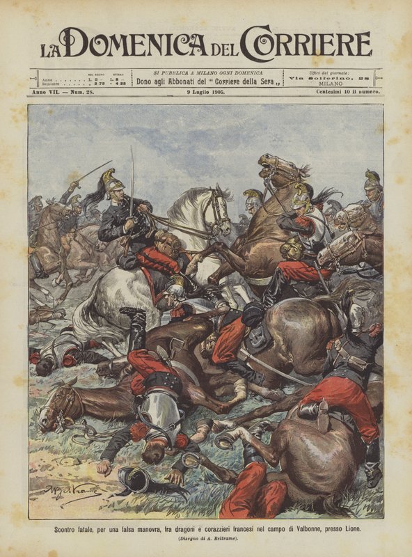 Hamis manőver miatt végzetes összecsapás francia dragonyosok és cuirassierek között Valbonne mezőjén, Lyon közelében alkotó: Achille Beltrame