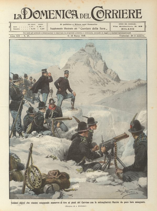 Alpesi katonák, akik gépfegyverrel lövöldözős manővereket hajtanak végre a Matterhorn lábánál? alkotó: Achille Beltrame