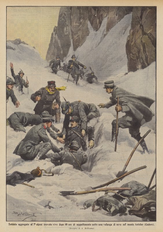 Élve találták meg a 7. Alpini katonát 40 órás temetés után egy hólavina alatt? alkotó: Achille Beltrame