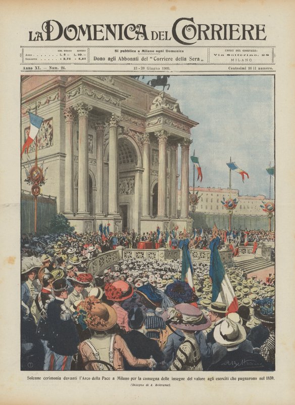 Ünnepélyes ceremónia a milánói Arco della Pace előtt az értékjelvények átadásáért a? alkotó: Achille Beltrame