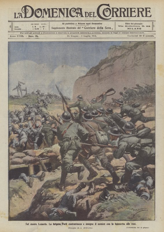 A Lemerle-hegyen a Forli-dandár ellentámadásba lendül és veséig szuronyával üldözi az ellenséget. alkotó: Achille Beltrame