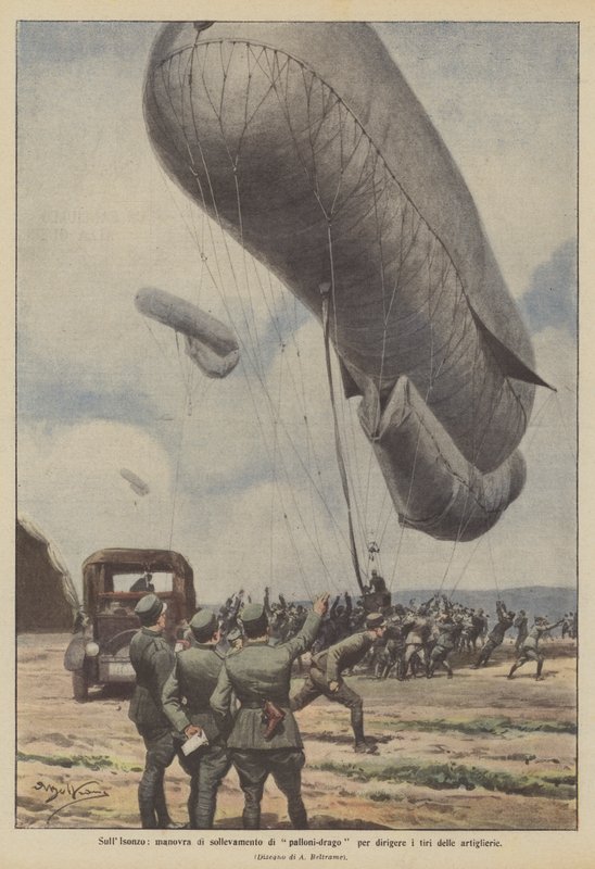 Az Isonzón sárkánylégballon emelő manőver a tüzérségi tűz irányítására alkotó: Achille Beltrame