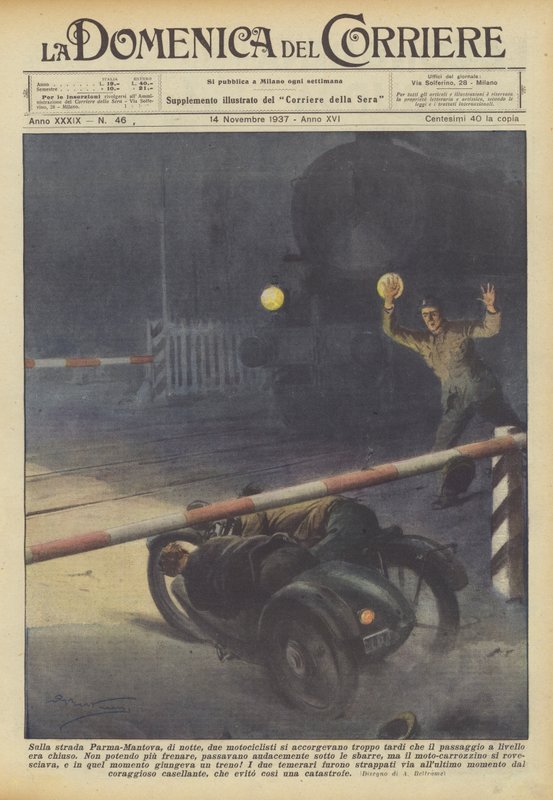 A Parma-Mantova úton éjszaka két motoros túl későn vette észre, hogy? alkotó: Achille Beltrame
