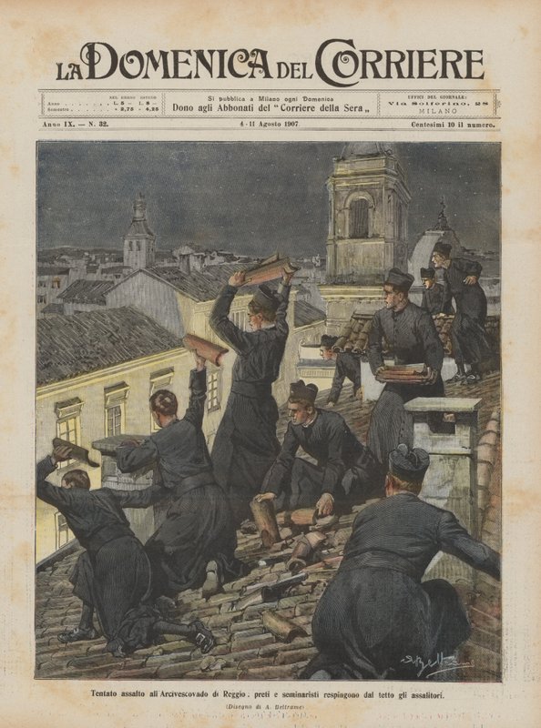 Megkísérelték megtámadni a reggiói érsekséget, a papok és a szeminaristák leverték a támadókat a tetőről alkotó: Achille Beltrame
