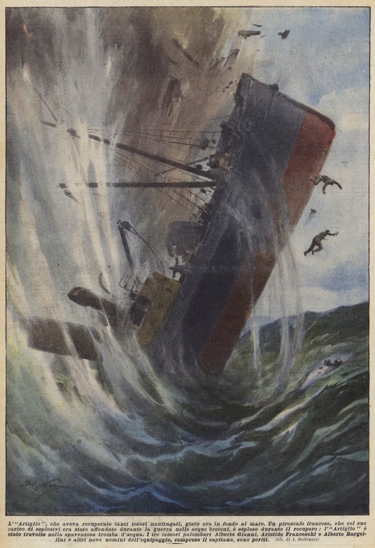 A Karom, amely annyi hajótörött kincset talált, most a tenger fenekén fekszik (színes litho) alkotó: Achille Beltrame