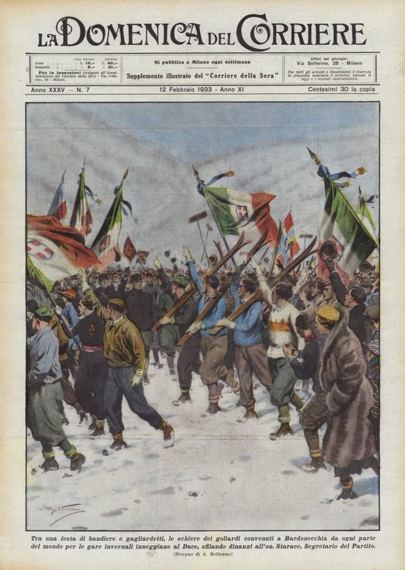 Zászló- és zászlóparti között a világ minden tájáról összegyűltek a góliárdok Bardonecchiában? alkotó: Achille Beltrame