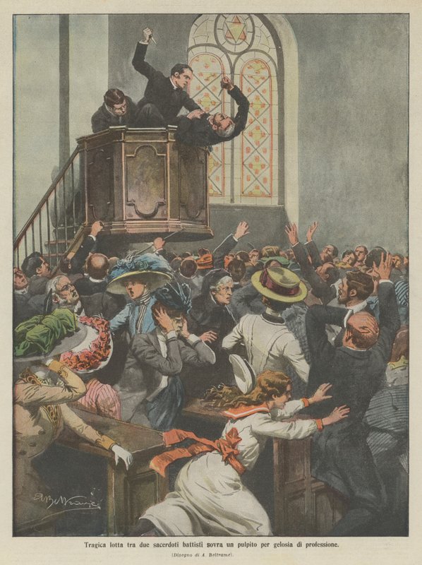 Tragikus küzdelem két baptista pap között a szószéken a szakma féltékenységéért (színes litho) alkotó: Achille Beltrame