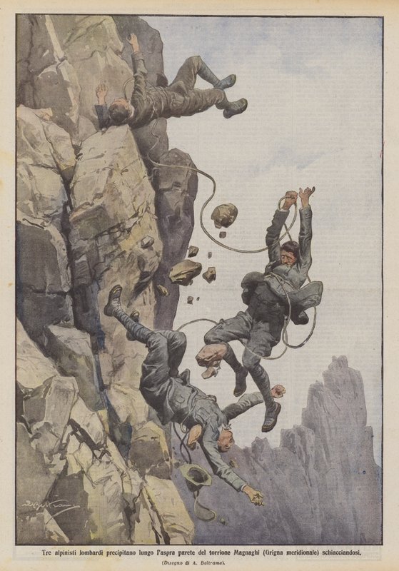 Három lombard hegymászó zuhan le a Magnaghi-torony (Grigna déli részének) zord fala mentén, összezúzva alkotó: Achille Beltrame
