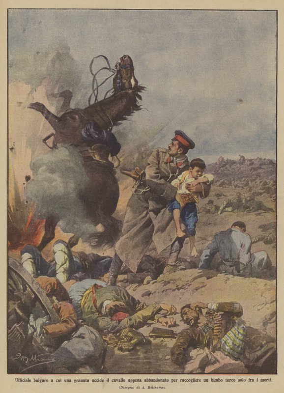 Bolgár tiszt, akinek egy gránát öli meg a lovat, amelyet most hagytak el, hogy felvegyen egy gyereket? alkotó: Achille Beltrame