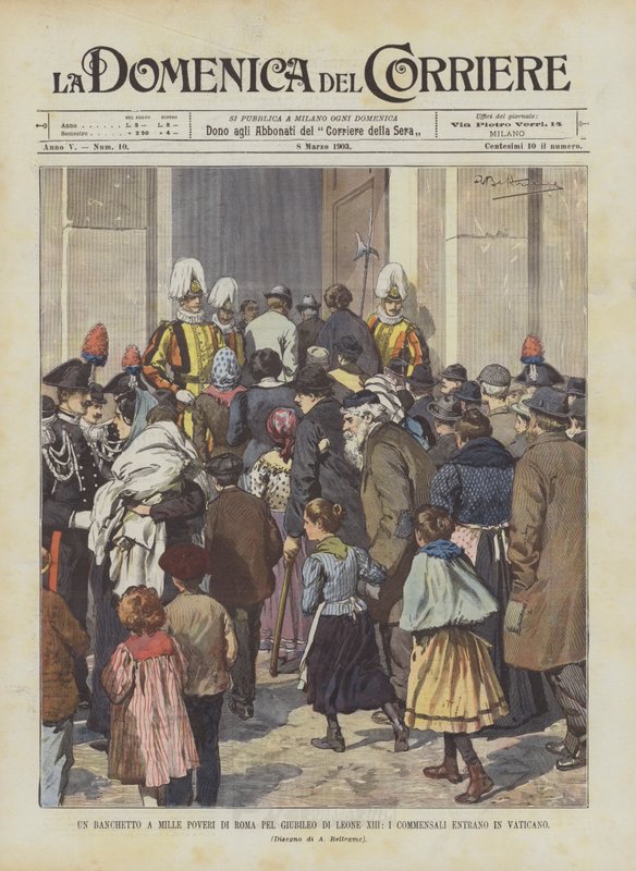 Bankett Róma szegényeinek ezreinek XIII. Leó jubileumára, a vendégek belépnek a Vatikánba alkotó: Achille Beltrame