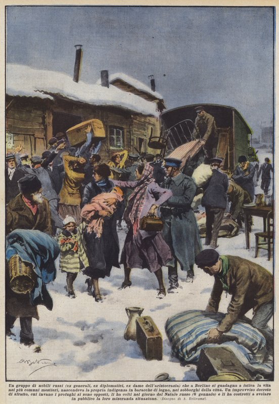 Orosz nemesek egy csoportja (volt tábornokok, egykori diplomaták, az arisztokrácia egykori hölgyei), mint Berlinben? alkotó: Achille Beltrame