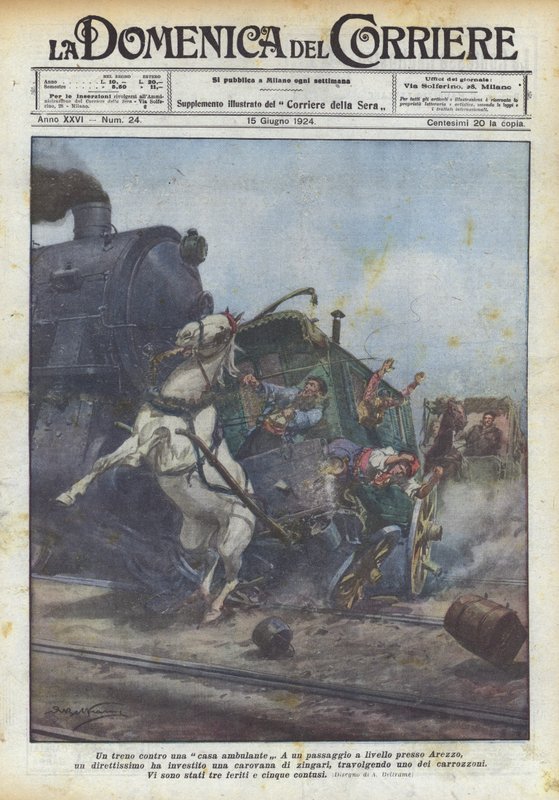 Vonat egy sétáló ház ellen alkotó: Achille Beltrame
