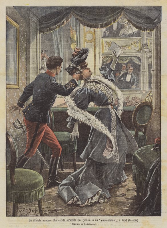 Egy francia tiszt féltékenységből megöl egy művészt egy kávézóban, Niortban (Franciaország) alkotó: Achille Beltrame